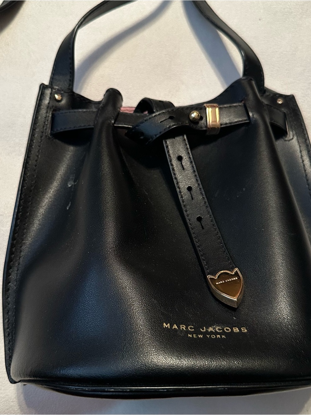 Marc Jacobs Black Leather Drawstring Shoulder Bag with Heart Accent